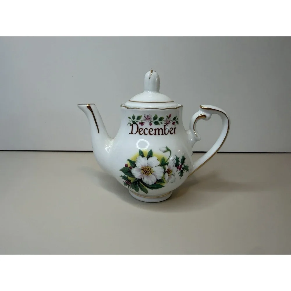 Golden Crown E& R Germany 3 1/2 in Mini Birthday Teapot White Floral December